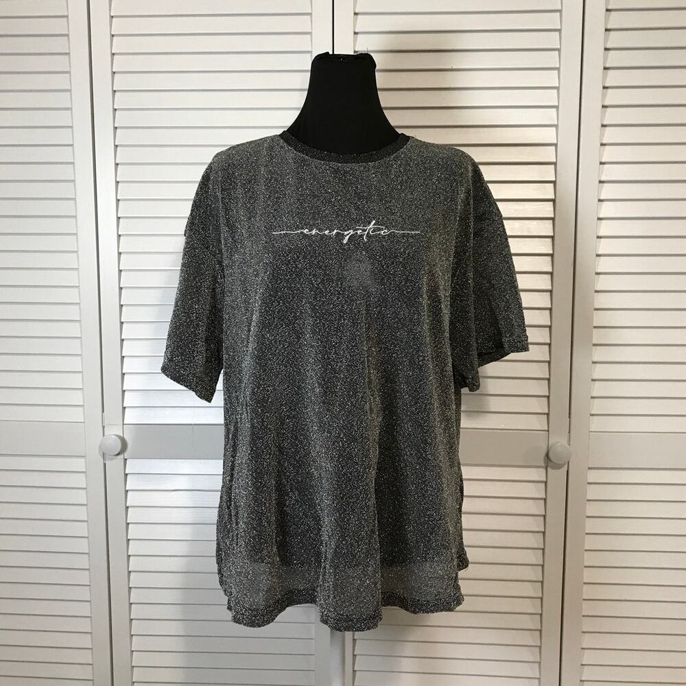 Shein Curve Whimsigoth Silver “Energetic” Graphic Black Glitter T-Shirt 2XL